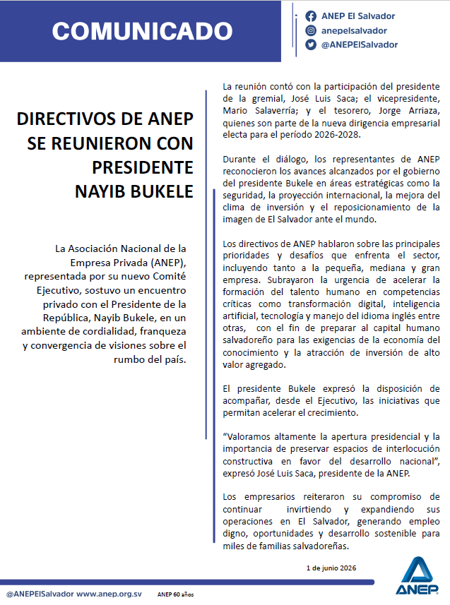 Nueva dirigencia de la ANEP sostiene encuentro clave con el presidente Nayib Bukele 3 capture 20260601 182138